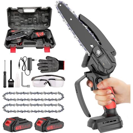 Mini Tronconneuse a Batterie, 6 Pouces Tronçonneuse Sans Fil Electrique, Tronçonneuse à Main 2 Batterie, 2Chaîne Pour La Coupe Du Bois, Les Branches D'arbres, Jardin, L'élagage, La Cour (1/5)