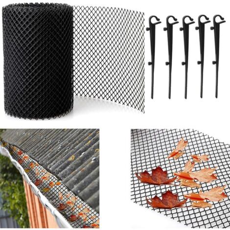 Grillage de Protection pour chéneaux et gouttière, 6 m x 15 cm Filet de vidange avec 10 Crochets de Fixation, Protection de gouttière en Maille Noir - Peut être coupé sur Mesure et résistant (1/4)