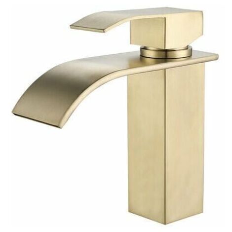 Ikodm – Mitigeur lavabo cascade doré – Acier inoxydable – Bec cubique – Noyau en céramique – Installation facile – Compatible avec éviers standards