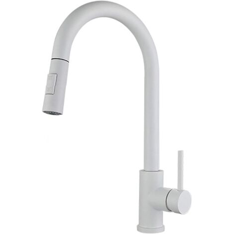 Robinet de cuisine, blanc, en acier inoxydable, à grand arc, extensible et pivotant à 360°, mitigeur d'évier à levier unique avec 2 modes, robinet de cuisine extensible (1/5)