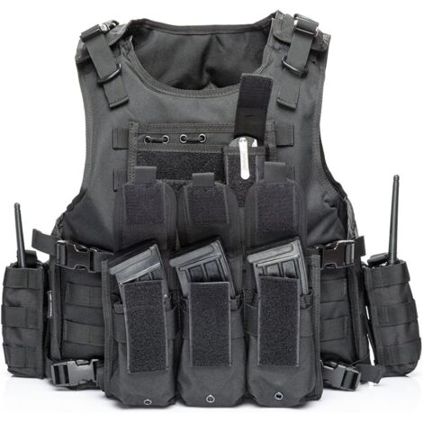 Litzee – Gilet tactique ajustable noir – Nylon 900D résistant – Poches amovibles pour plaques balistiques – Taille S-XXL (1/5)