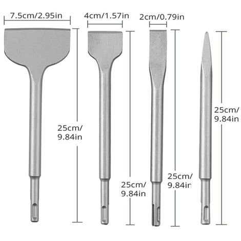 Ensemble de 4 burins à béton, ensemble de forets pour marteau perforateur, comprenant un burin pointu, un burin plat de 20 mm, 40 mm et 75 mm (1/5)