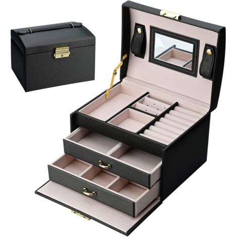 Armoire à bijoux, Boîte à Bijoux en Cuir PU 3 Plateaux Coffret à Bijou Femme Fille Elegant (1/5)