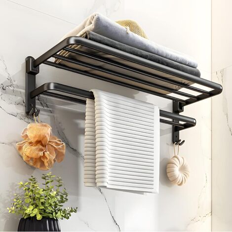 Porte-serviettes mural pliable à 90°, porte-serviettes à 2 niveaux avec étagères, noir, 38 cm