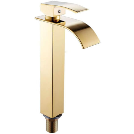 Robinet salle de bain lavabo haut cascade bec pour vasque,Mitigeur eau froide et chau moderne carré chromé trou simple (Doré) (1/5)