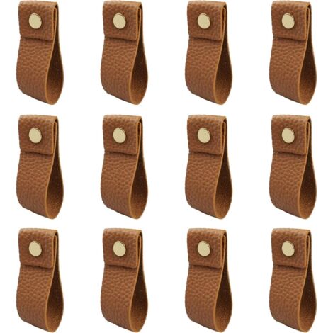 CSPARKV 12 Pièces Poignee Cuir Marron PU Poignée de Tiroir en Cuir Poignées de Placard avec Vis Accessoires pour Meubles, Cuisine, Salle Bain Armoires Cabinet, Garde-Robe Commode, (1/5)