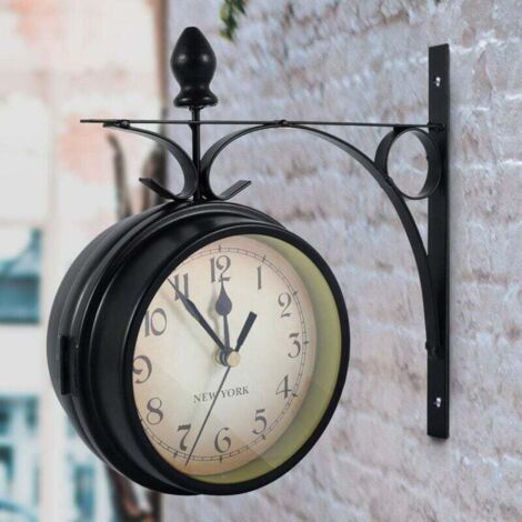 Ulisem Horloge murale double face, horloge de jardin rétro européenne avec double surface en verre, horloge décorative suspendue vintage avec support, intérieure et extérieure (sans pile) (1/4)
