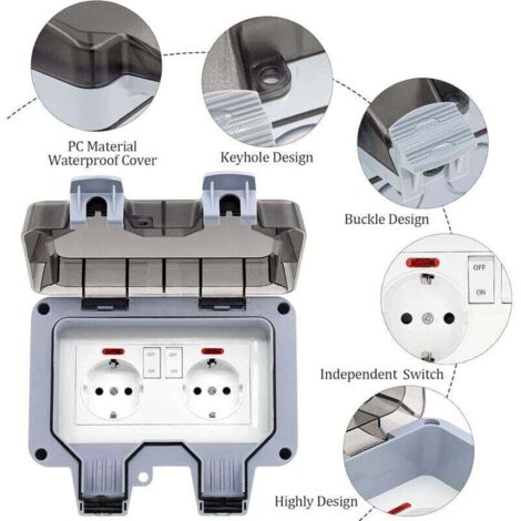 UlisemPrise Exterieure Etanche IP66 Double Prise de Courant et Volet de Protection Multiprise Electrique Murale de Jardin, Prise Anti-Poussière et Coupe-Vent avec Interrupteur, Voyant Lumineux - RWAut (1/4)