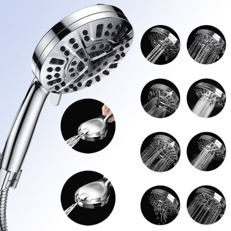 Réduction Pommeau de douche-Avec pommeau de douche haute pression à main, 8 réglages de pulvérisation + 2 modes de pulvérisation puissants pommeau de douche avec tuyau en acier inoxydable de 1,5 m - R (1/5)