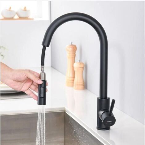 Ulisem Robinet de cuisine monobloc avec douchette extractible, robinet d'évier de cuisine pivotant à 360 ° en acier inoxydable mat, robinet de cuisine à 2 fonctions (noir) (1/4)