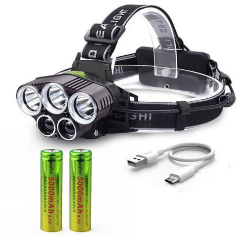 Lampe Frontale Rechargeable, Lumen Eclairage Puissante Ultra USB Rechargeable 5 LED 6 Modes d'Eclairage 2 Batteries Distance Antichoc,noir(lumière blanche + lumière bleue) (1/5)