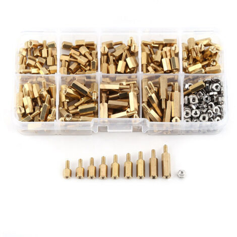 Ulisem Assortiment de 360 écrous M2.5 mâles femelles en laiton 5mm 6 mm 7mm 8mm 9mm 10mm 11mm 12mm 15 mm (1/4)