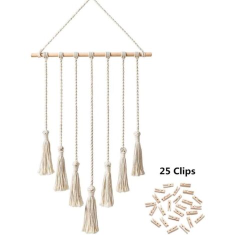 Présentoir à photos suspendu en macramé, organisateur de photos mural, décoration d'intérieur bohème avec 25 pinces en bois, beige (1/4)