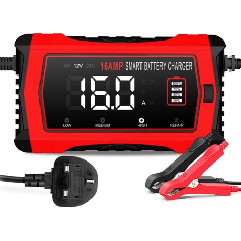 Enowelir Chargeur de batterie de 16 A, chargeur de batterie au lithium LiFePO4 12 V 24 V pour voiture, camion, tondeuse à gazon, bateau (1/4)