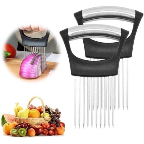 Porte-tranche d'oignon en acier inoxydable, trancheuse de citron, coupe-légumes, outil de tranchage de couteau de cuisine, viande, oignon, pomme de terre, outils de cuisine à domicile de tomate (2PCS) (1/5)