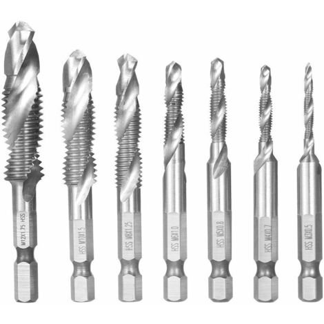 XVX Accessoire pour une perceuse Ensemble de forets et de tarauds combinés 7 pièces filetage métrique HSS M3-M12 outil de foret de taraudage à changement rapide tige hexagonale 1/4 po, Silver (1/5)