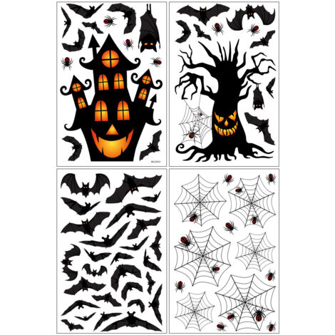 Autocollants d'Halloween Autocollants statiques noirs pour fenêtre avec arbre, maison, chauve-souris, araignée, toile d'araignée, 4 pièces, décoration d'Halloween, autocollants pour fenêtre d'Hallowee (1/5)