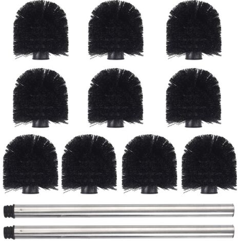 Ensemble de brosses de toilette en acier inoxydable, 10 têtes de brosse noires + 2 tiges en acier inoxydable (1/5)