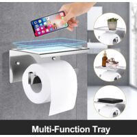 Toilet Paper Holder, Bathroom Toilet Roll, SUS304 Stainless Steel, Single-Roll Heavy Duty Bathroom Tissue Holder Rack, Wall Mounted, for Mobile Phone Placing Silver Square Rod
