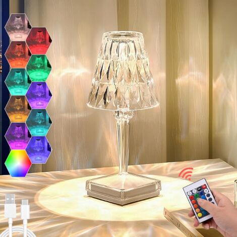 Lampe de table en cristal, lampe rose en cristal tactile à 16 couleurs changeantes, avec télécommande, rechargeable, acrylique + cristal. (1/5)