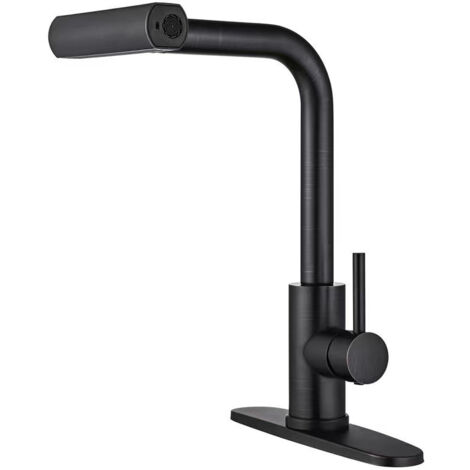 Robinet de lavabo noir mat avec pommeau de douche extractible - 4 modes, poignée unique, robinet de salle de bain style cascade (sans bonde). (1/5)
