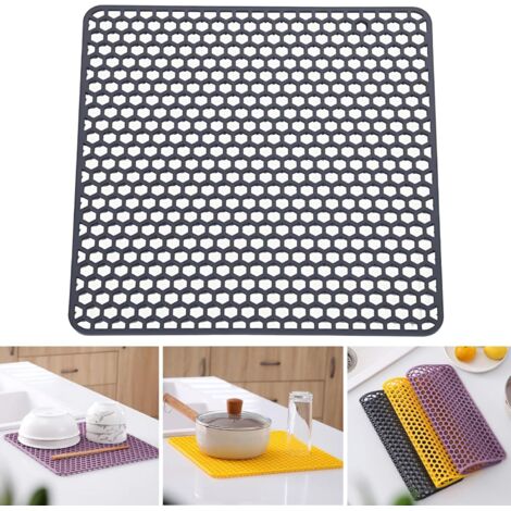Tapis d'égouttage multifonctionnel en silicone, résistant à la chaleur et facile à nettoyer, adapté aux plans de travail, éviers ou tiroirs de cuisine, 34,5 cm (13,6 pouces), noir. (1/5)