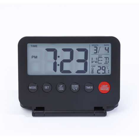Mini réveil numérique pliable avec écran LCD rétroéclairé, thermomètre, fonction snooze, date et heure, portable et pratique, noir (1/5)