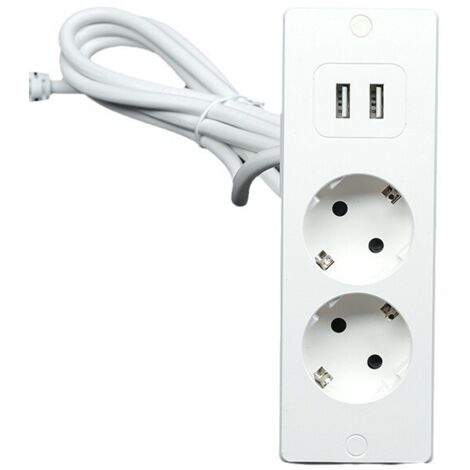 Multiprise de bureau avec 2 prises, 2 ports USB et un câble de 1,5 mètre - convient aux plans de travail et aux tables de conférence (blanche). (1/5)