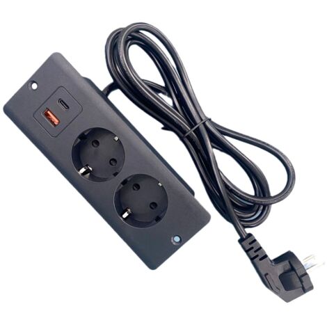 Multiprise de bureau avec 2 prises, 1 port USB, 1 port PD20W TYPE-C et câble de 1,5 mètre (noir).