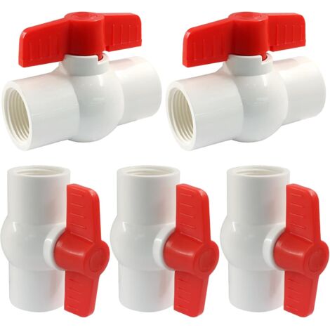 Lot de 5 vannes à bille 1/2 pouce 20PVC avec poignées en T rouges, adaptées à l'alimentation en eau et à l'irrigation, raccordement fileté. (1/5)