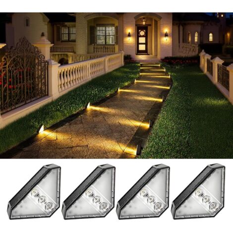 Lampes d'escalier à énergie solaire (paquet de 4), étanches IP65, lumières décoratives d'extérieur (lumière blanche chaude, 3000K). (1/5)