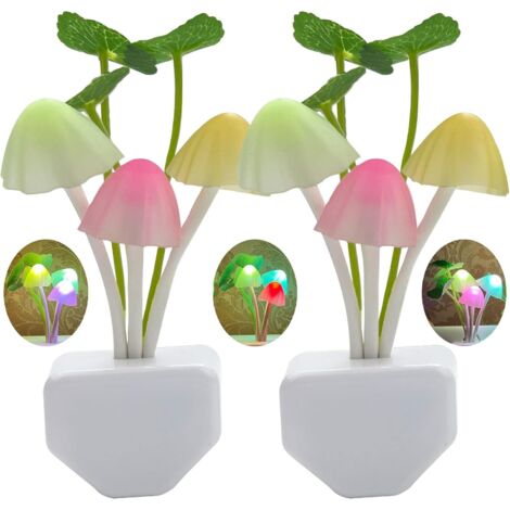 Deux veilleuses LED à détecteur de mouvement, lampes de chevet LED à brancher en forme de champignon et de feuille de lotus, changeant de couleur (1/5)