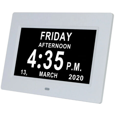 Horloge calendrier numérique de 7 pouces avec affichage de la date et de l'heure, blanche, idéale pour les rappels de médicaments des parents atteints de la maladie d'Alzheimer. (1/5)