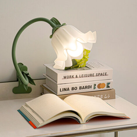 Lampe de chevet à pince, lampe de table en forme de fleur, 3 modes de couleur, alimentée par USB, un indispensable pour les dortoirs (verte). (1/5)
