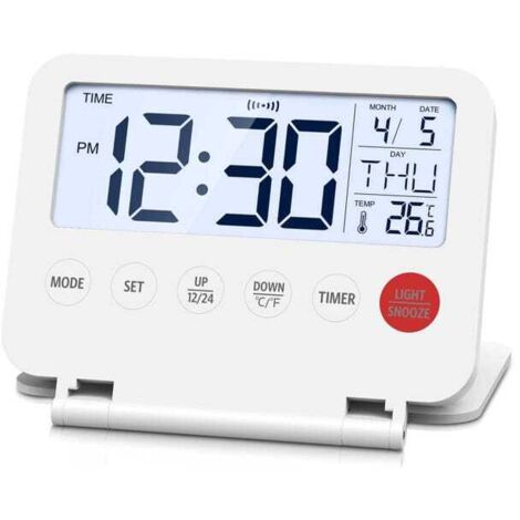Mini réveil numérique pliable avec écran LCD rétroéclairé, thermomètre, fonction snooze, date et heure, portable et pratique, blanc (1/5)