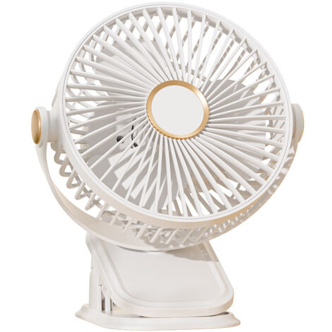Mini ventilateur de bureau portable rechargeable à pince, réglable à 720°, avec lumière LED, alimenté par batterie, mini ventilateur USB, blanc. (1/5)