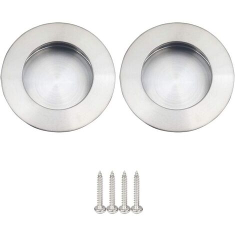 Poignée de porte coulissante encastrée ronde, acier inoxydable 304, finition satinée brossée (argent, lot de 2, 65 mm) (1/5)