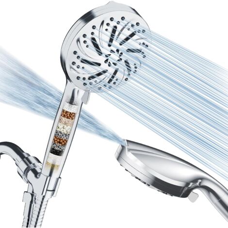Pommeau de douche à main avec filtre, 10 modes de jet, pommeau de douche filtrant haute pression, adoucisseur d'eau pour éliminer le chlore, filtre l'eau dure, chromé. (1/5)