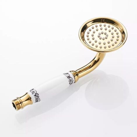 Pommeau de douche à main en acier inoxydable, finition dorée – Remplacement de la pomme de douche vintage, support et tuyau non inclus, avec poignées en céramique bleue et blanche.