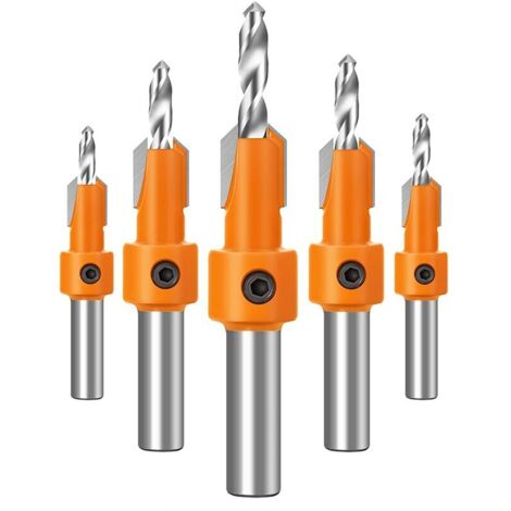 5 Pièces 8mm Foret Chanfrein à Bois Chanfrein Compteur, Forets Fraisés à Chanfreiner pour le Travail du Bois, avec Clé Hexagonale HSS Conique (1/5)