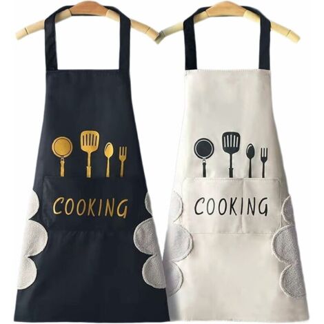 2 Pcs Tablier de Cuisine Impermeable Tablier de Cuisine Reglable Tablier avec Fonction Mains Essuyées Tablier Barbecue avec 2 Poche pour Cuisine Familial Restaurant Jardin Tablier de couple noir blanc (1/5)