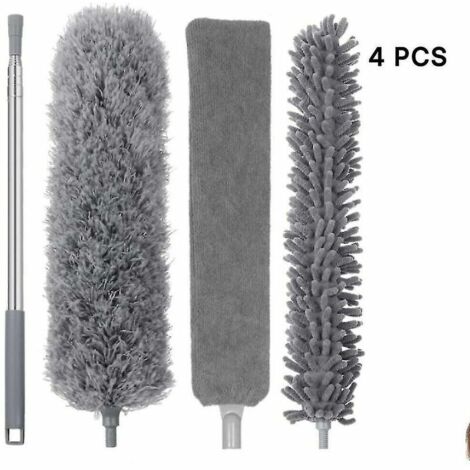 Plumeau en microfibre avec tige d'extension en acier inoxable, plumeau en toile d'araignée télescopique flexible lavable pour nettoyer les ventilateurs de plafond, les lacunes, les hauts plafon (1/3)