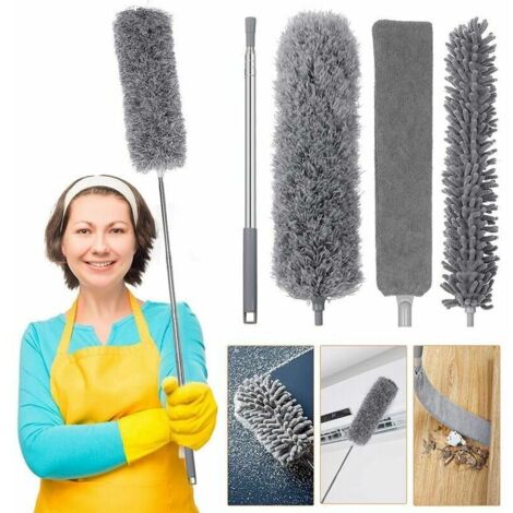 Poteau + tête en microfibre (gris) + tête en chenille + tête de brosse à crevasses (taille du carton de mise à niveau de 2,5 m : 44 x 8,5 x 7) plumeau multitêtes, (1/5)