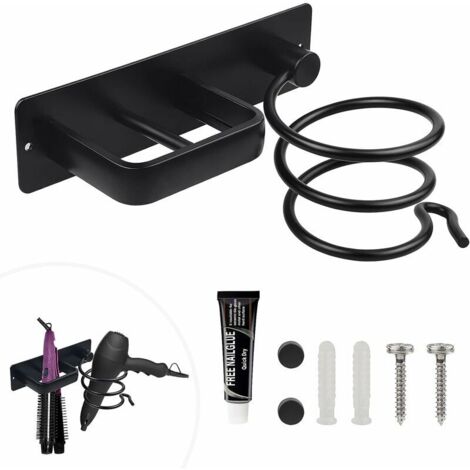 Green Mobility-Porte Sèche Cheveux Mural, Support Seche Cheveux Support de Lisseur avec porte-câble pour Ranger Le Sèche-Cheveux Lisseur, Perçage et Adhésif, Deux Méthodes D'installation, Noir (1/5)