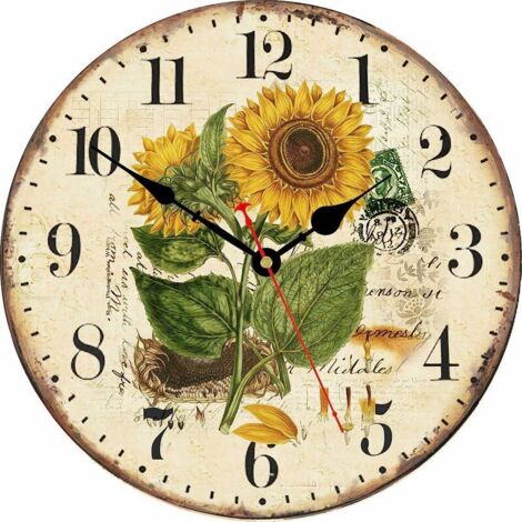 Green Mobility-Horloge murale tournesol d'été 20 cm, alimentée par batterie, décoration en bois, adaptée pour la maison/le bureau (1/5)
