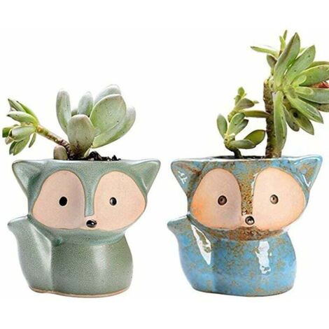 Green Mobility-2 Pcs Ceramic Succulent Plant Pot, Small Succulent Planters, Succulent Planter Pot, Flower Pots, Small Indoor Plant Pots, Fox Shaped Cute Cactus Plant Pot with Drain Hole for Office Hom (1/5)