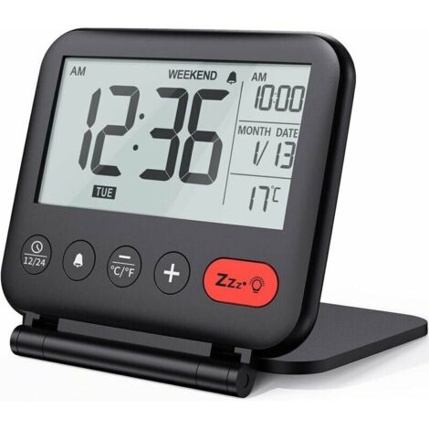 Green Mobility-Réveil de Voyage Mini Horloge Numérique LCD Portable avec Calendrier Rétroéclairé 12/24H Température Miroir de Maquillage Petite Horloge de Bureau Pliable à Piles (Noir) (1/5)