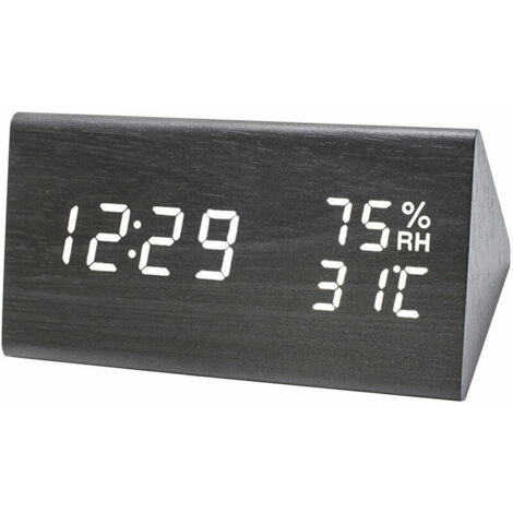 Green Mobility-Reveil triangle de temperature et d'humidite en bois a LED 9069 (chargement USB ou batterie a double usage, livraison sans piles, caracteres blancs en bois noir caracteres blancs en boi (1/5)