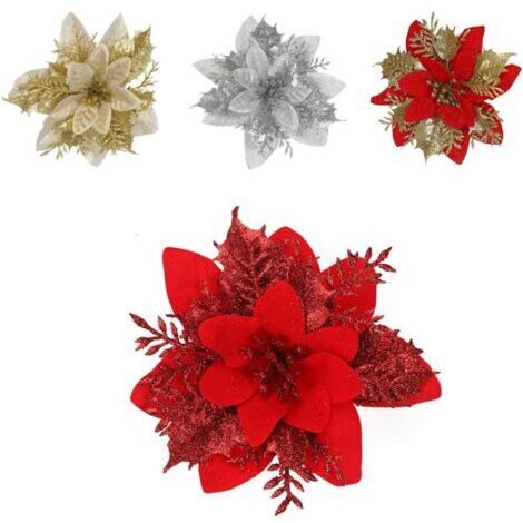 Green Mobility-12pcs fleur de simulation de Noël, fleur de Noël poinsettia, fleur de Noël, décoration d'arbre de Noël, fleurs de Noël artificielles (rouge) (1/5)