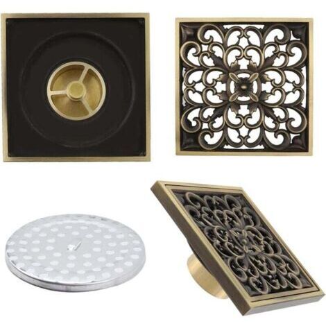 Green Mobility-Bonde de sol en laiton pour salle de bain – Bonde de douche carrée simple, ornée d'un motif floral antique, pour WC de jardin, 10 x 10 cm - 8730T (1/4)
